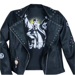 DISNEY Villains Snow White Evil Queen Wicked Black Faux Leather Jacket Studs XL
